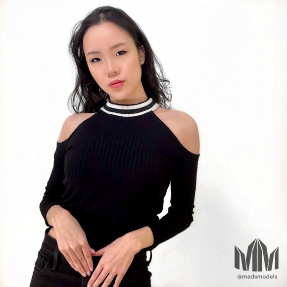 Revolve LNA l Black White Stripe Ribbed Long Sleeve Top with Shoulder Cutouts - Picture 2 of 6